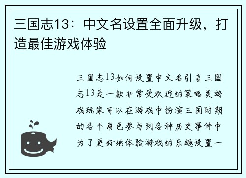 三国志13：中文名设置全面升级，打造最佳游戏体验